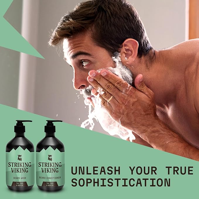 Striking Viking Beard Wash and Conditioner (Tea Tree &amp Biotin) - Paraben &amp Sulfate Free Cleansing Care for All Beard Types (10oz Per Bottle)