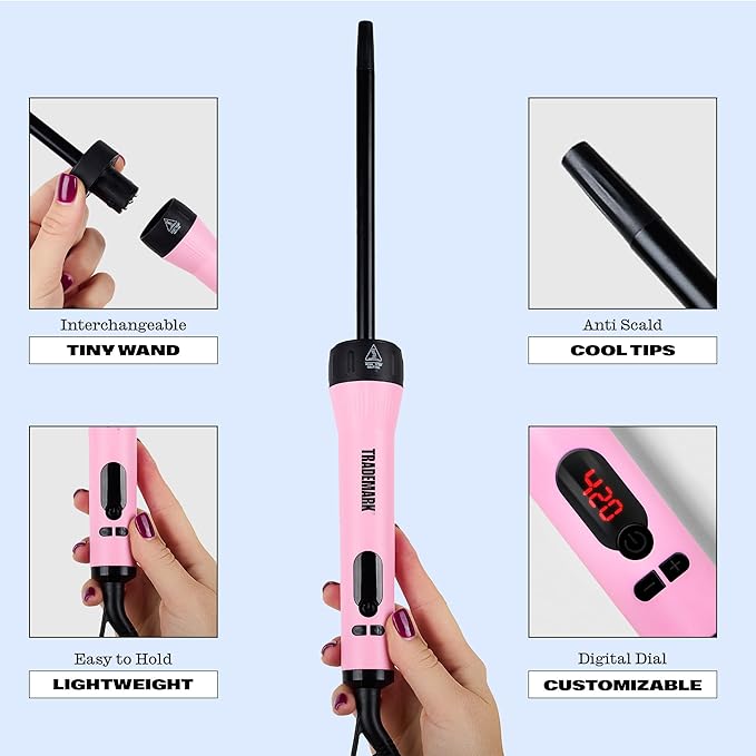 Trademark Beauty Mood Tiny Curling Wand + Handle – Professional Ceramic Small Barrel Hair Curler for Tight Defined Curls – Fast Heating Precise Styling Dual Voltage Heat Glove Included Pink