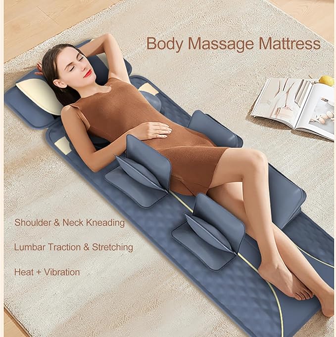 Full Body Massage Mat with 3D Body Stretching Lumbar Traction Back Heating 5 Modes 3 Intensities PU Leather - Relaxation &amp Pain Relief