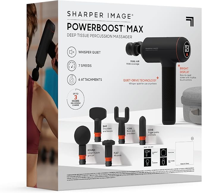 Sharper Image Deep Tissue Percussion Massage Gun Powerboost MAX Rechargeable Handheld Massager 7 Adjustable Speeds 6 Attachment Heads &amp Carrying Case Full Body Muscle Pain Relief Black