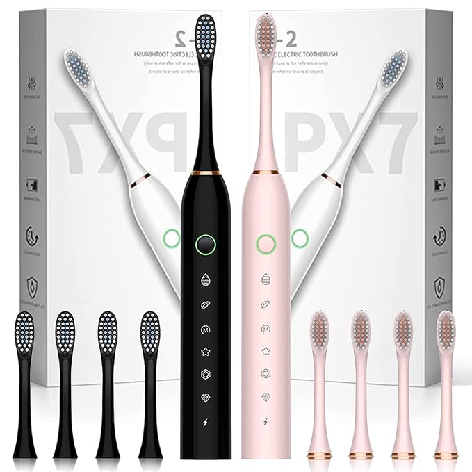 2 Pack Electric Toothbrush for Adults with 8 Brush Heads 6 Modes 42000vpm Sonic Electric Toothbrush Black+Pink