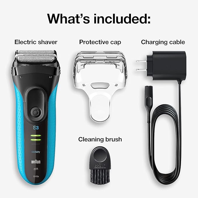 Braun Electric Series 3 Razor with Precision Trimmer Rechargeable Wet &amp Dry Foil Shaver for Men Blue/Black 4 Piece