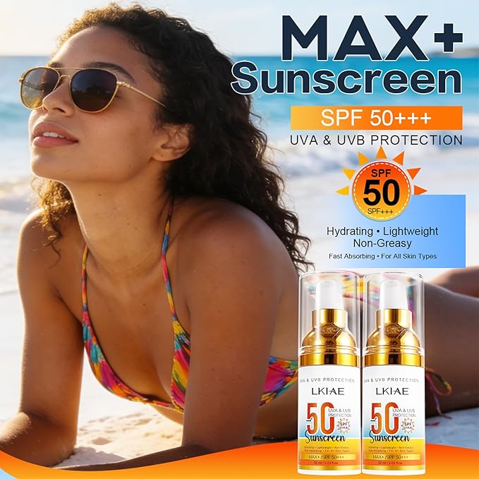 LKIAE Spf 50+ Sunscreen UVA UVB Protection Prevent Sunburn Skin Darkening Pigmentation Anti-Wrinkles With Aloe Vera Travel Size 2 oz (Pack of 5)