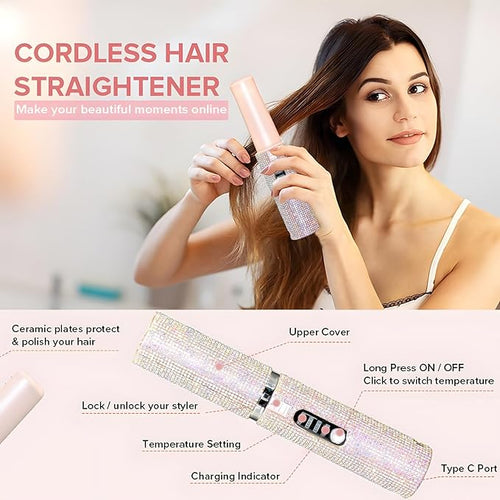 2 in 1 Portable Mini Cordless Hair Straightener and Curler Dual Purpose Curling Wand &amp Flat Iron for Travel USB Rechargeable Fast Heating 3 Temp Setting Hair Styler for Short Hairs Bangs (Bl