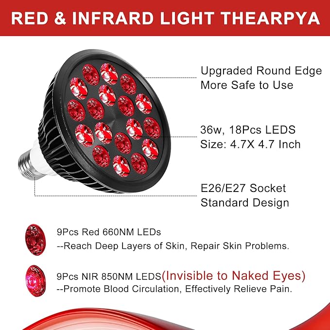 Red Light Therapy Bulb with Adjustable Socket Clamp 18 LEDs red Therapy Light with Lamp Holder for Body and Face with 660nm Red and 850nm Infrared Light Therapy Device for Skin Care Pain Relief