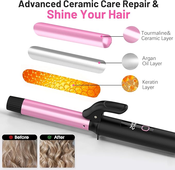 Travel Curling Iron 1 InchSmall Curling Iron for Short HairDual Voltage Curling Iron 110-240V with European PlugCurling Iron with Clamp &amp Ceramic Barrel5 Temp Digital DisplayAuto OffTemp Loc