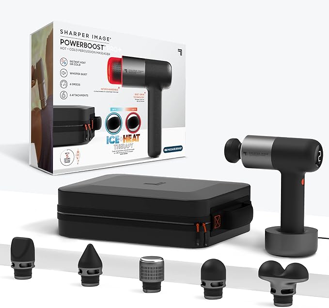 Sharper Image Deep Tissue Percussion Massage Gun Powerboost Pro+ Hot &amp Cold Rechargeable Handheld Massager 6 Adjustable Speeds 6 Attachment Heads &amp Carrying Case Muscle Pain Relief Black