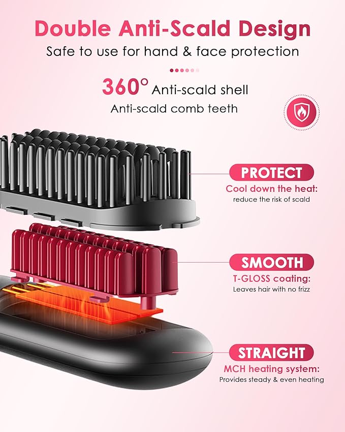 LAMA Cordless Hair Straightener Brush - Portable Hair Brush - 20s Fast Heating - 130 Million Plasma for Frizz-Free Shine 9000mAh Mini Hair Straightener Comb for Women Travel LED Display Hot CombBK