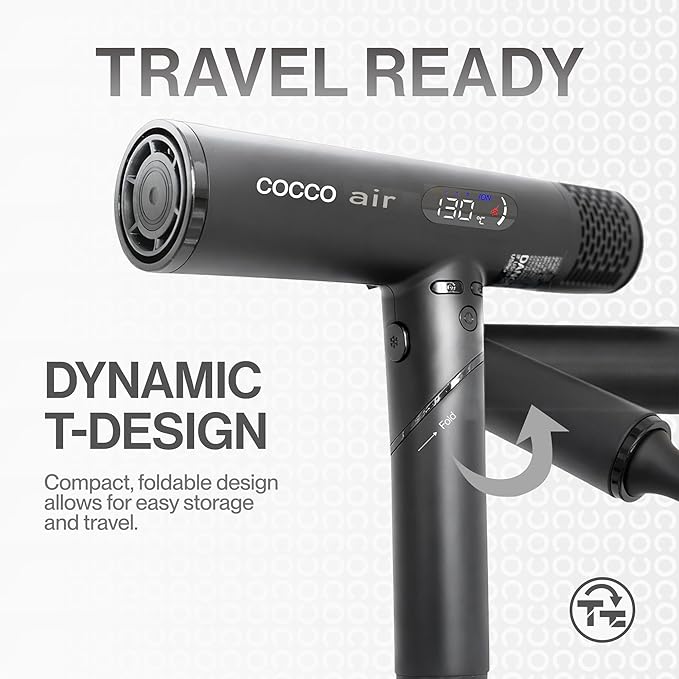 COCCO Iconic Air Ionic Hair Dryer Black – Professional High-Speed 110000 RPM Brushless Blow Dryer with Diffuser – Infrared Technology 4 Heat Modes Dual Voltage Lightweight Salon Hair Dryer