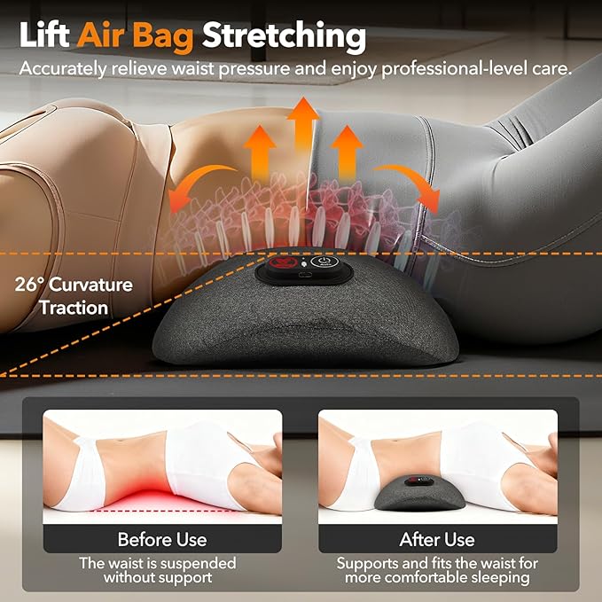 3-in-1 Electric Lumbar Support Pillow for Bed and Chair Smooth Spine Triple Fusion Back Massager with Heated Vibration and Traction for Lower Back Pain Relief and Spine Support