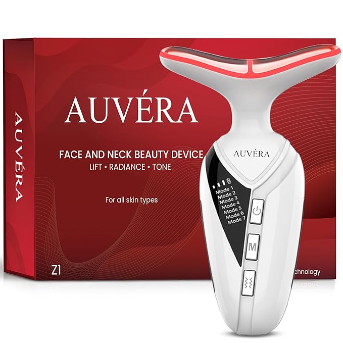 AUVERA 7-in-1 Face &amp Neck Beauty Massager with Light Therapy Heat and Smart Vibration for Wrinkles Fine Lines &amp Skin Tone | Multi-Light Therapy for Lift Radiance &amp Smooth Skin Z1 - Whi