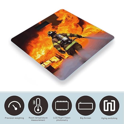 Firefighter Fireman Flame Weight ScaleClear LED Display Bathroom Digital Weighing ScaleTempered Glass Digital Bathroom Scale for Body Weight Capacity Up to 400 Lbs