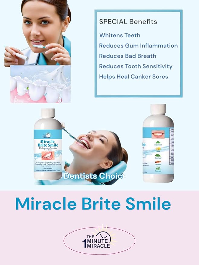 Miracle Brite Smile - Essential Oxygen Rinse Mouthwash for Whiter Teeth Fresher Breath and Healthier Gums Peppermint 12 fl. oz. Our Brand is Reconmended by Dentists.