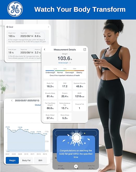 GE Smart Scale for Body Weight and Fat Digital Bathroom Scales BMI Body Fat - Bluetooth 13 Body Composition Monitor for Muscle Mass People with App Accurate 400lb Weighing Rechargeable