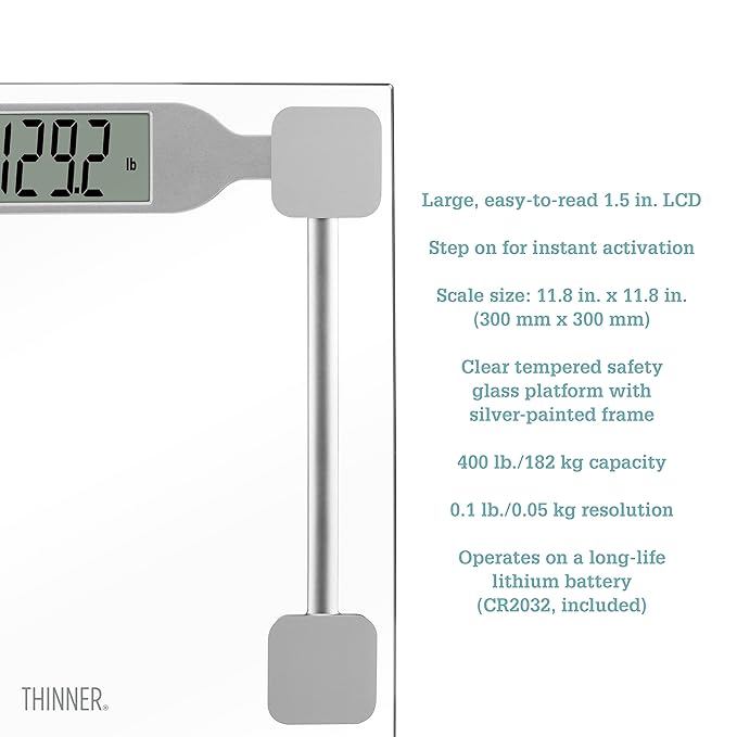 Thinner by Conair Scale for Body Weight Digital Bathroom Scale in Clear Tempered Glass
