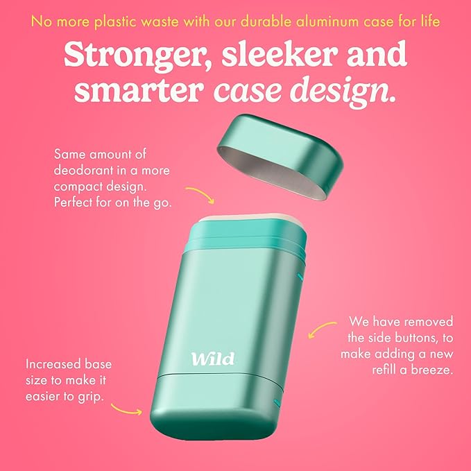 Wild Aluminum Free Deodorant for Men &amp Women Starter Kit - Refillable Stick Deodorant with Aqua Case and Pink Grapefruit &amp Lime Scented Refill (1.4oz) - Long Lasting Protection - Vegan Friendl