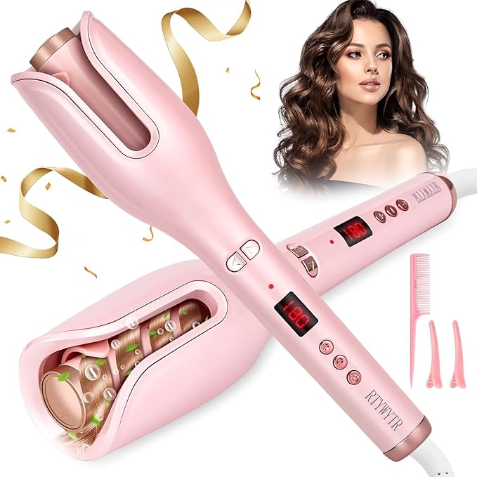 Hair Curler Automatic Rotating - Ceramic Curling Iron Automatic with 17 Temps &amp 3 Timer Settings &amp 1 Large Rotating Barrel Anti-Tangle/Scald (Pink)