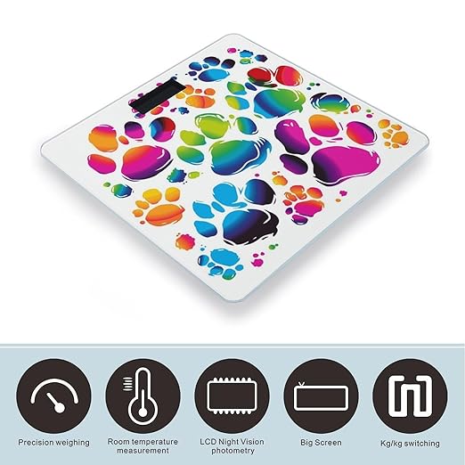 Colorful Dog Paw Print Scale for Body Weight Safe Rounded Corners Tempered Glass Digital Bathroom Scale LED Display 400lb Capacity Weight Scales with High Precision Sensors