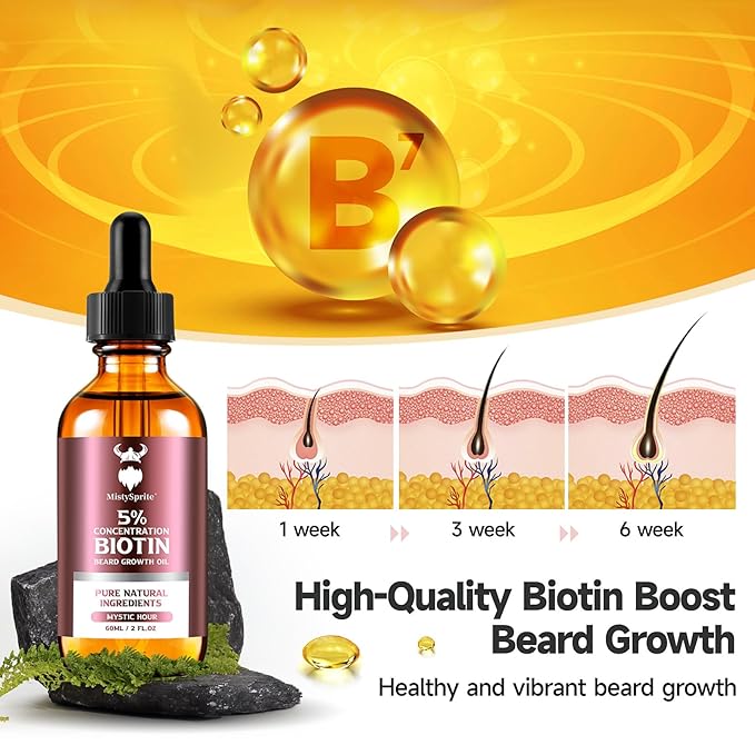 Beard Growth Oil - 5% Concentration Biotin Beard Oil for Men (2 oz) - Natural Mens Beard Oil with Argan Oil Jojoba Oil and Vitamin Beard Growth Softener Moisturizer (Mystic Hour)