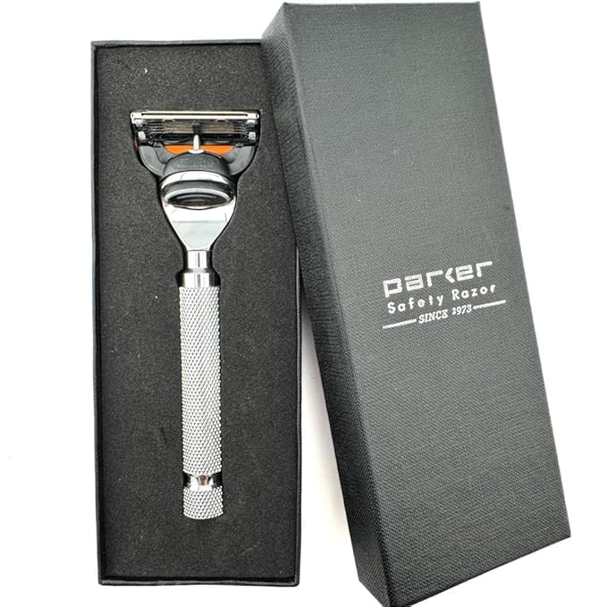 Parker 5-Blade Razor Handle Compatible with Gillette® Fusion® Cartridges – Weighted Metal Handle with Textured Grip for Smooth Tug-Free Shaving | Luxury Men’s Gift | 1 Cartridge Included (CHROME)