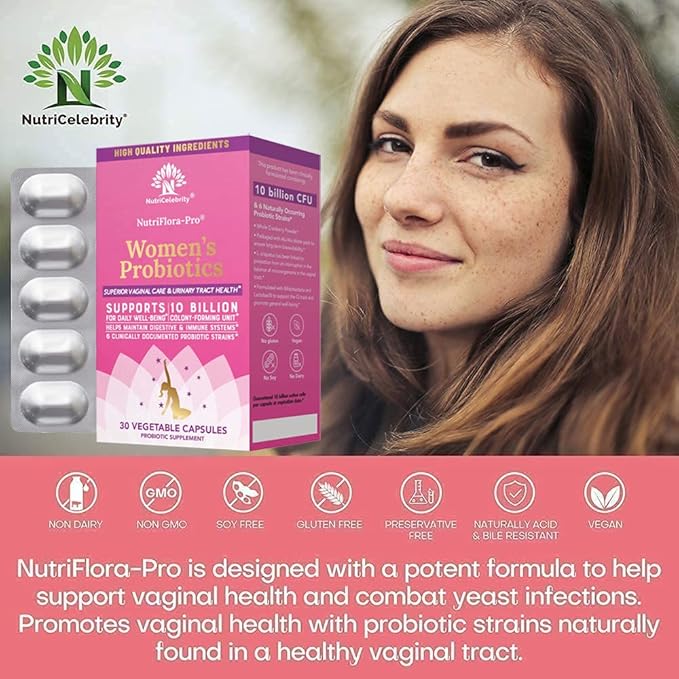 Nutricelebrity Probiotics for Women 10 Billion CFU 6 Strains Organic Prebiotics for DigestiveVaginal&ampImmune HealthPH Balance &amp Feminine HealthPeriod Pain BV Relief Cranberry Extract+ 3 P