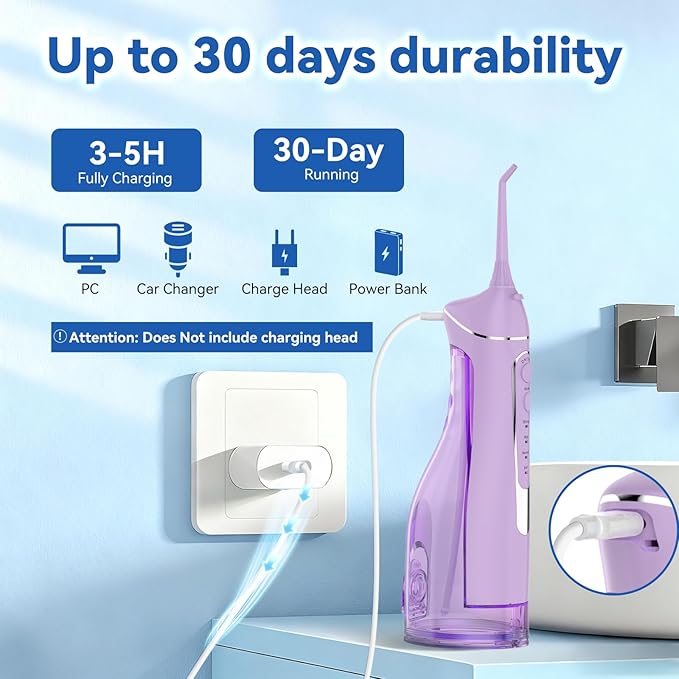 Cordless Portable Water Flosser with 300ML Tank: Rechargeable Oral Irrigator with 5 Tips for Travel Braces Care and Sensitive Gums IPX7 Waterproof Teeth Cleaning Device(Purple)