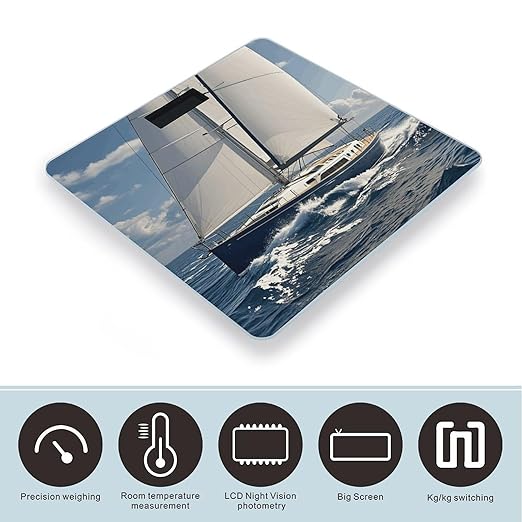 Nautical Sailboat Digital Bathroom Scale for Body Weight Weighing Scale with Backlit LCD Display High Precision Measurements &amp Measures Weight Up to 180kg