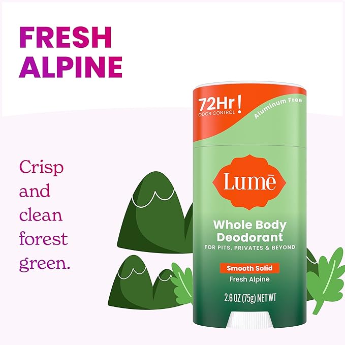 Lume Whole Body Deodorant - Smooth Solid Stick - 72 Hour Odor Control - Doctor Developed - Aluminum Free Baking Soda Free and Skin Loving - 2.6 Ounce (Pack of 2) (Fresh Alpine)