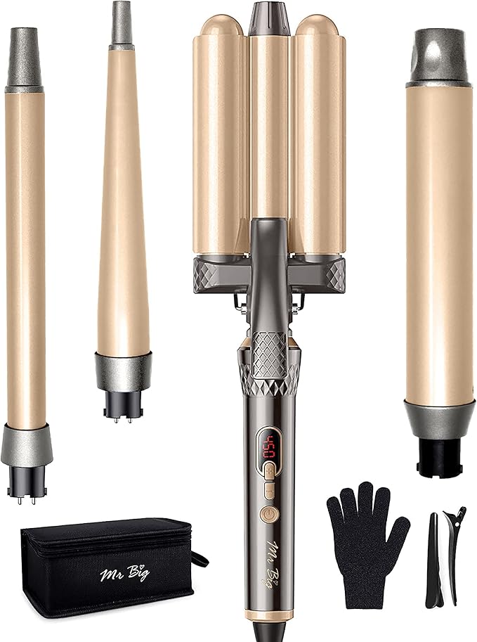 Mr Big Triple Waver Curling Iron Set for Beachy Waves has the 4 Most Used Wands 1” Waver Crimper &amp Wands from ½” to 1.25” Great for Long Hair Travel Bag &amp Accessories Fast Heat for All Ha