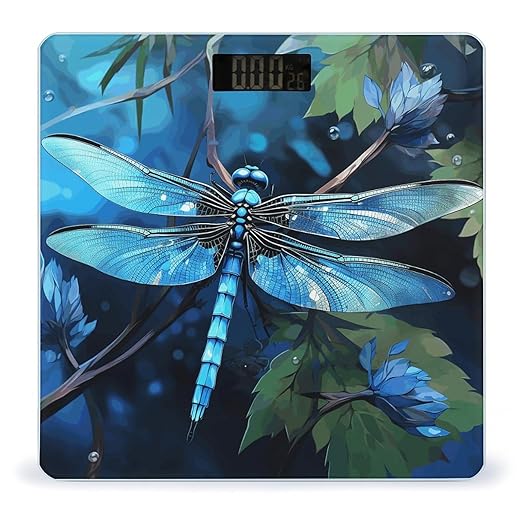 Art Blue Dragonfly Scale for Body Weight Safe Rounded Corners Tempered Glass Digital Bathroom Scale LED Display 400lb Capacity Weight Scales with High Precision Sensors