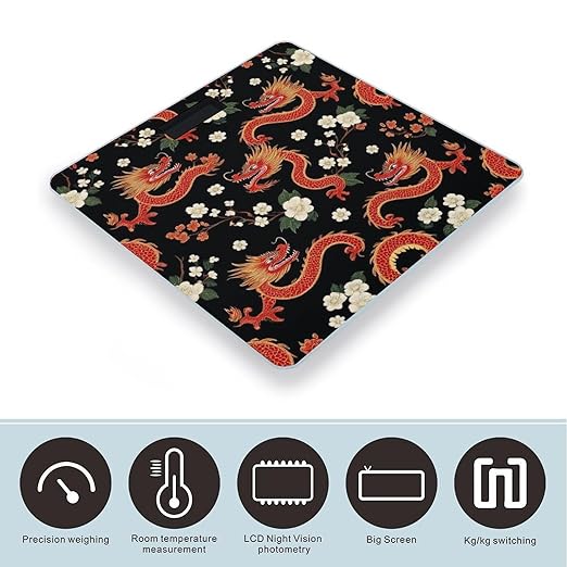 Men's Smart Scale for Body Weight Digital Bathroom Weighing Scale Automatic Switch Energy Saving Scale Japanese Chinese Dragon Flower Black Floral