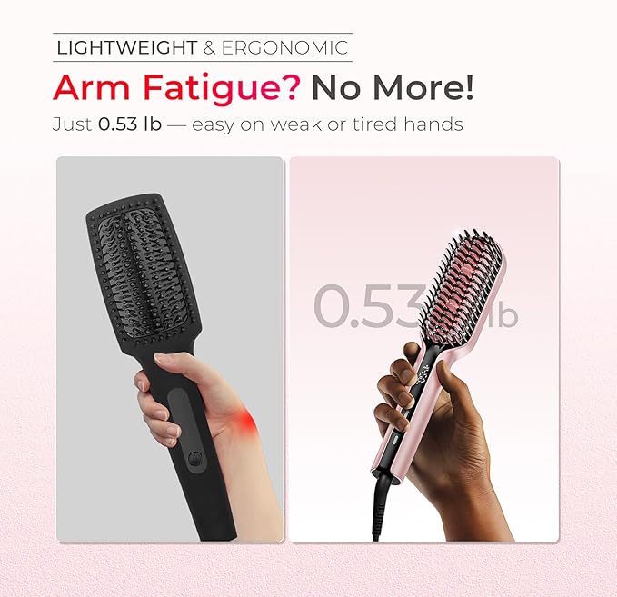 TYMO Hair Straightener Brush Upgraded Ionic Compact Straightening Brush for Women with Wave-Design Bristles Fast Smooth Styling Lightweight Hot Comb &amp Travel Flat Iron 1 Billion Ions Pink