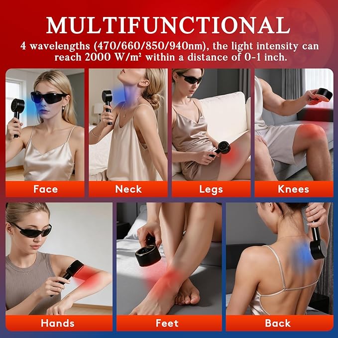UTK Handheld Blue &amp Red Light Therapy Device with 4 Wavelengths (470/660/850/940nm) Near Infrared Red Light Deeply Pain-Relief Red Light Therapy for Body &amp Face Portable Gift for Women