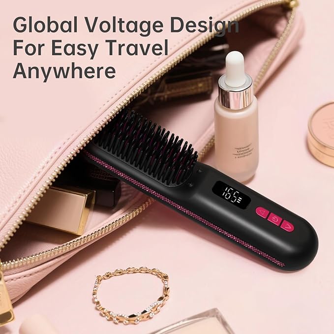 Hair Straightener Brush Portable Cordless Mini Straightening Brush for Travel Negative Ion Hot Comb Hair Straightener with 9 Temps for Women Anti-Scald Ceramic Fast Charge