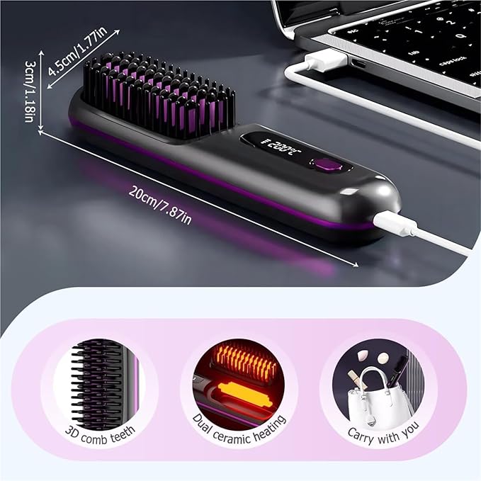 GO Brush Upgraded Version Portable Travel Straightener with LCD Temperature Display Portable Hair Straightener Fast-Heating Cordless mini Hair Comb(White)