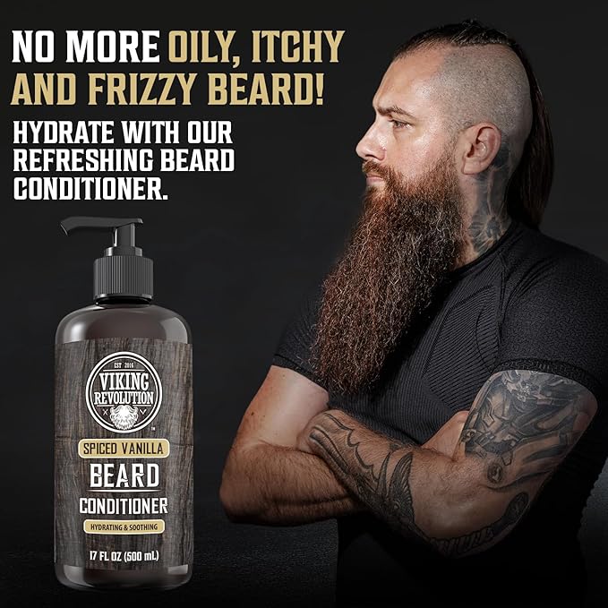 Viking Revolution Spiced Vanilla Beard Conditioner for Men with Argan Oil and Jojoba Oil - Beard Softener and Strengthener Natural Beard Conditioner with Beard Oil - Beard Care Moisturizer (17oz)