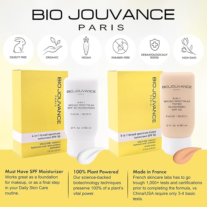 Bio Jouvance - 5-in-1 Tinted Sunscreen SPF 50 Universal 2oz / 60ml - Broad Spectrum | Hydrating Sunburn Lotion | Mineral Zinc Oxide Sun Block | Professional Facial Skin Care Treatment | Made in France