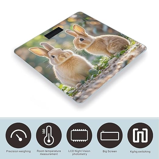 Two Little Cute Rabbits Bathroom Scale for Body Weight Bathroom Weighing Scales with Back Lit LED Display Sturdy Tempered Glass Body Weight Bathroom Scale 400lb Weighing