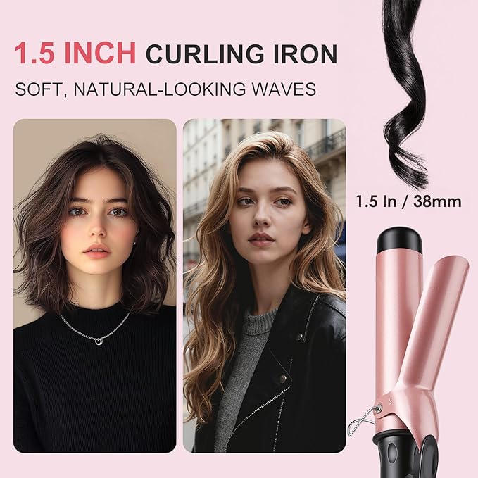 Curling Iron 1 1/2 Inch Large Barrel Professional 1.5 Inch Curling Wand for Long Hair Ceramic Hair Curler with LCD Display Dual Voltage Travel Styler 30s Heat Up &amp Auto Shut Off