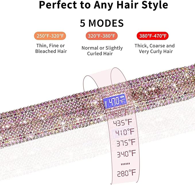 Hair Straightener Titanium Flat Iron with Gorgeous Rhinestone Bling Crystal Diamond 2 in 1 Hair Straightener and Curler 60 Min Auto Shut Off LCD Temp Display Range from 120°F to 470°F(Rose Pink)