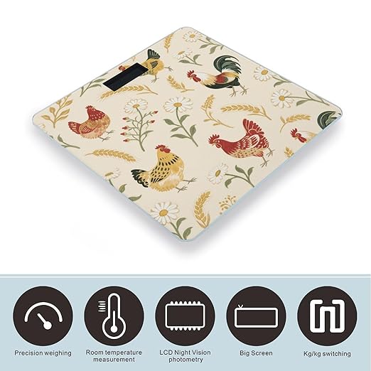 Chicken and Rooster Print Scale for Body Weight Sturdy Tempered Glass Weighing Scales with LCD Display Accurate Digital Bathroom Scale Convenient Body Fat Smart Scales Easy Read