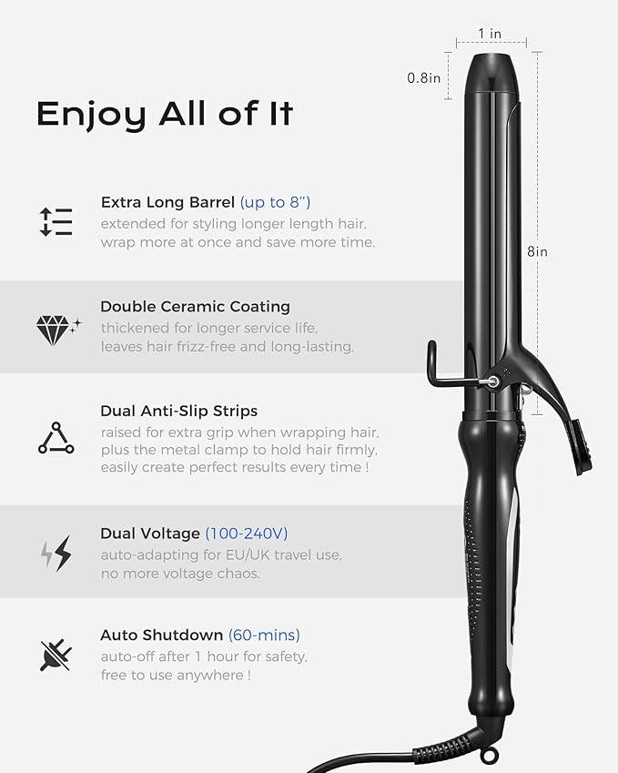 1.25'' Double Ceramic Long Barrel Curling Iron - 8'' Extended Wand | 5 Heat Settings | Dual Voltage | Auto Shut-Off | Anti-Slip Styling for Long Hair (Bag Mat Glove)