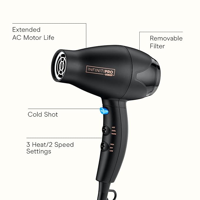 INFINITI PRO CONAIR Travel Hair Dryer 1600W Mighty Mini Compact Blow Dryer with Concentrator Attachment Lightweight Professional AC Motor for Fast Drying 3 Heat &amp 2 Speed Settings Black