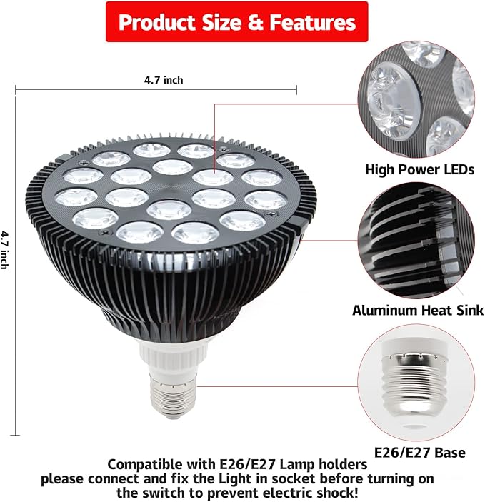 Red Light Therapy Bulb with Lamp Holder 54W 18 LEDs Infrared Light Therapy Device 660nm Red &amp 850nm NIR Combo Red Light Device for Face Skin Health and Pain Relief