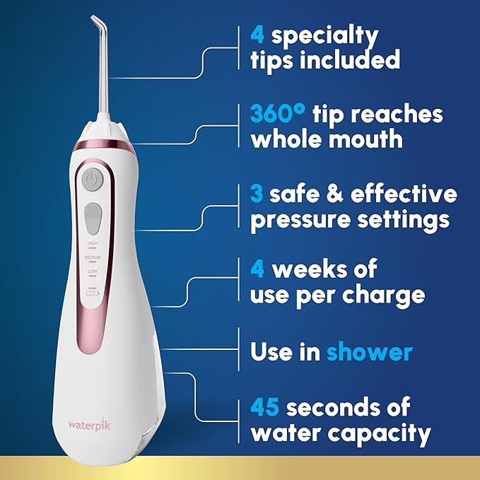 Waterpik Cordless Advanced 2.0 Water Flosser For Teeth Gums Braces Dental Care With Travel Bag and 4 Tips ADA Accepted Rechargeable Portable and Waterproof Rose Gold WP-589 Packaging May Vary