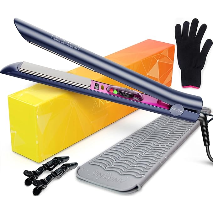 ANGENIL Professional Titanium Flat Iron 1 inch Hair Straightener and Curler 2 in 1 with Adjustable Temp for All Hair Types Anti-Static Dual Voltage Travel Size with Silicone Resistant Mat Pouch