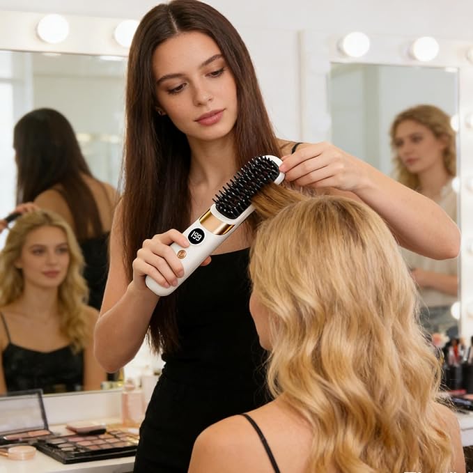 Hair Straightener Brush - Rechargeable with 4 Temperature SettingsHair Straightener Comb Cordless - for Home Travel Apartment College Dorm Vacation Women Wife Family