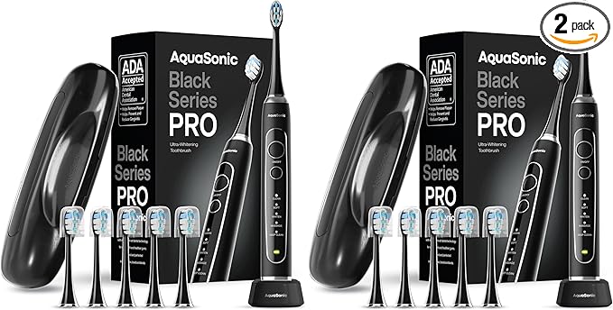 Aquasonic Black Series PRO – Ultra-Whitening Electric Toothbrush – 5 Modes &amp Smart Timers – Premium Travel Case &amp 6 Proflex Brush Heads – ADA Accepted Toothbrush (Pack of 2)