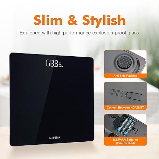 GRIFEMA GA2001-28 Digital Bathroom Scale with Large LED Display 5 mm Tempered Glass Platform 180 kg / 400 lb 28 x28 cm Slim Design Black