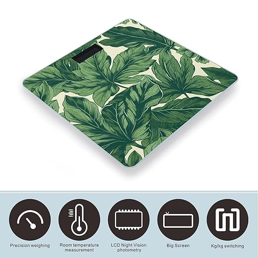 Green Foliage Botanical Scale for Body Weight Anti-Slip Tempered Glass Digital Bathroom Scales Clear LCD Display Weighing Scale Safe Rounded Corners Smart Scales
